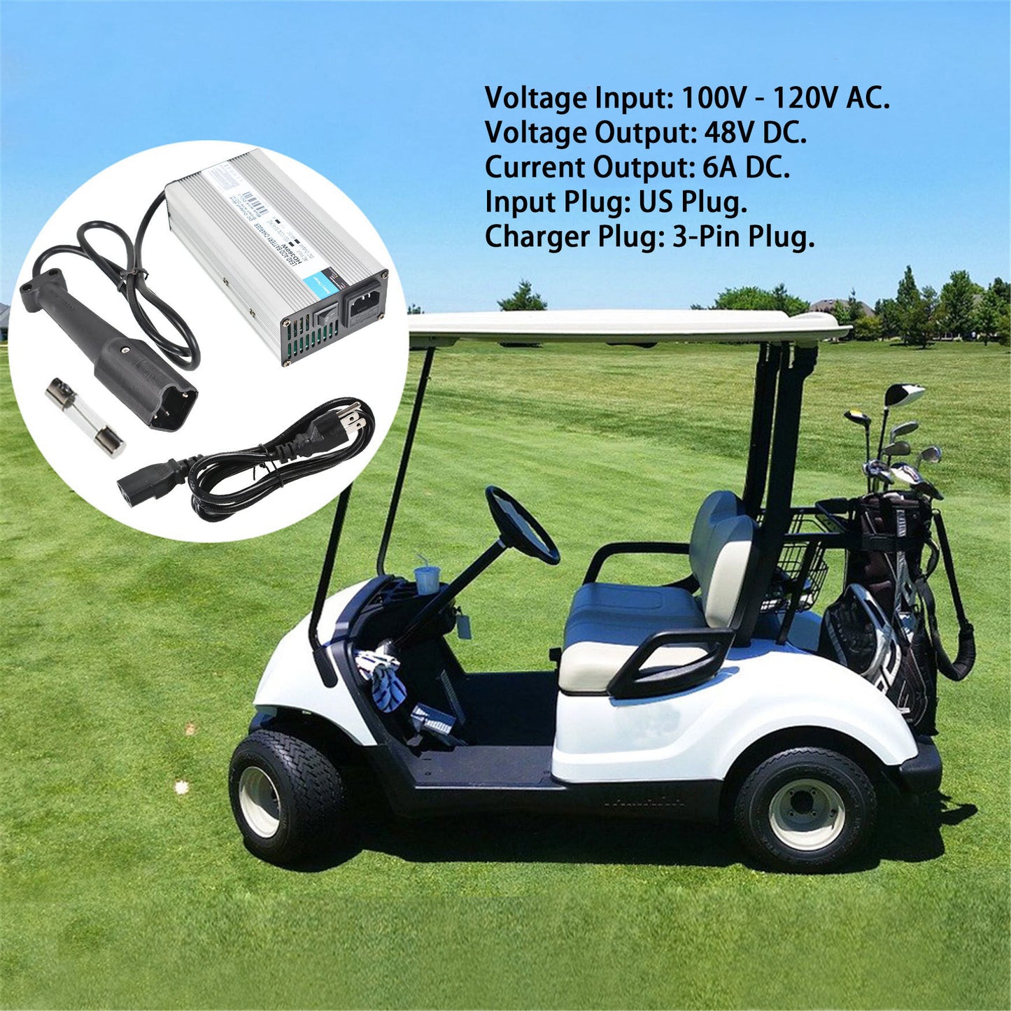 ALL-CARB 48V 6A Battery Charger with 3-Pin Plug Replacement for Yamaha 2007-Up