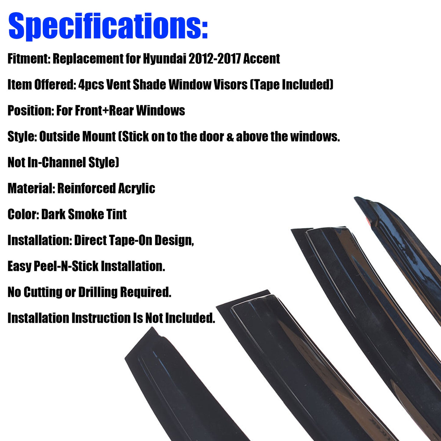 ALL-CARB Window Vent Visors Shade Sun Rain Wind Guards Deflectors Cover Acrylic Replacement for Hyundai Accent Hatchback 2012-2017 Outside 4 Pieces Black