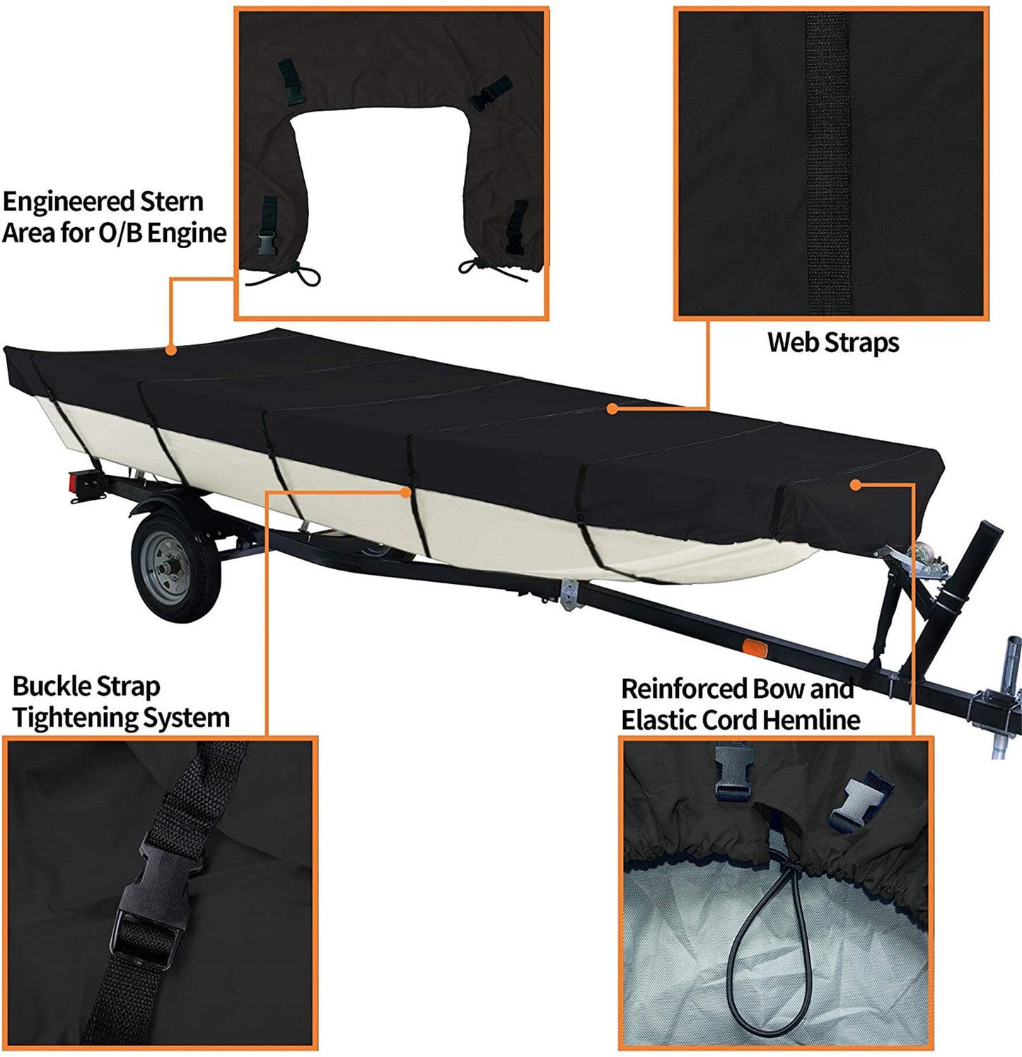 ALL-CARB Heavy Duty Trailerable Jon Boat Cover Replacement for Jon Boat 12ft-18ft Long and Beam Width up to 75inch