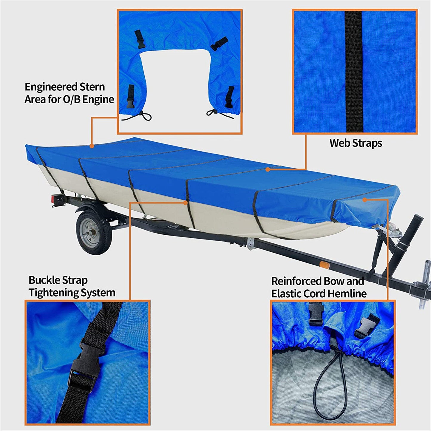 ALL-CARB Waterproof Heavy Duty Trailerable Jon Boat Cover Replacement for Jon Boat 12ft-18ft Long and Beam Width up to 75inch