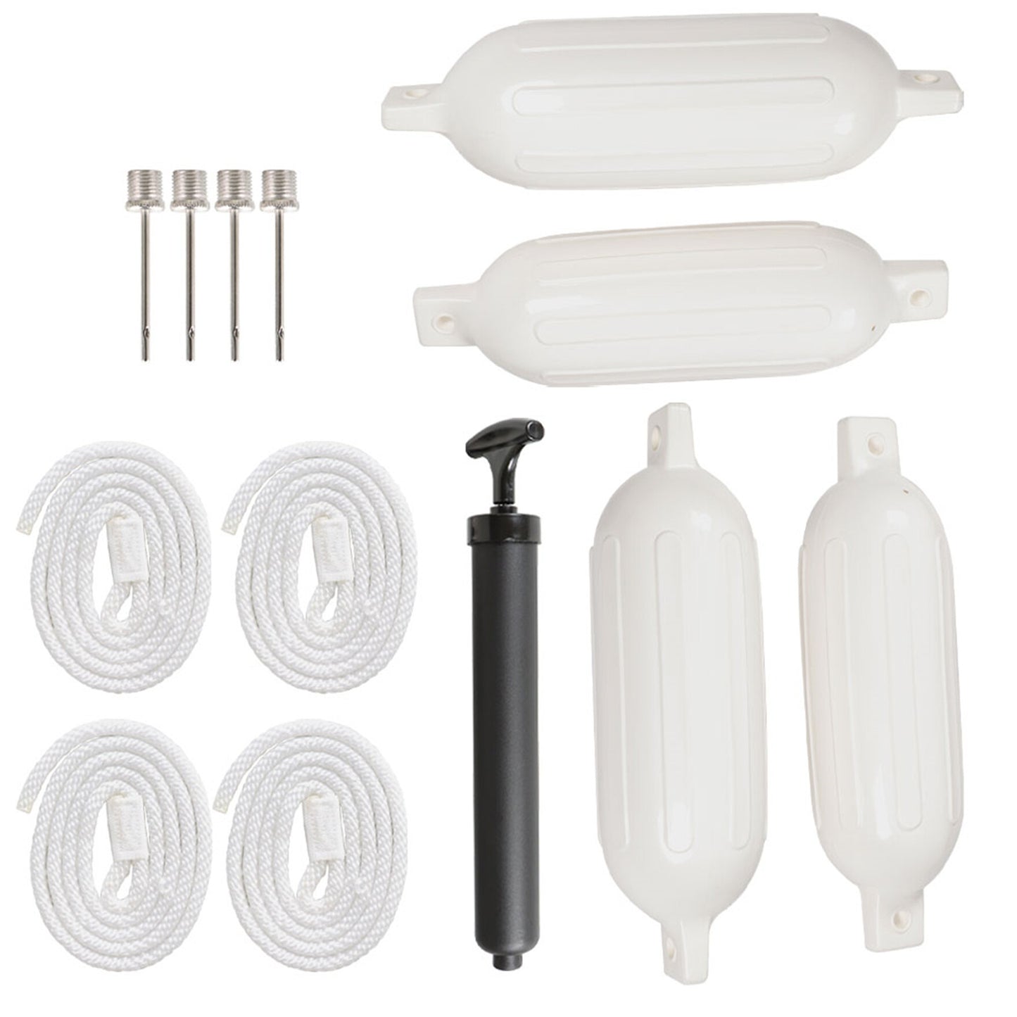 ALL-CARB 6.5x23 Inch Vinyl Ribbed Marine Boat 4 Pack White Boat Fenders with Fender Lines