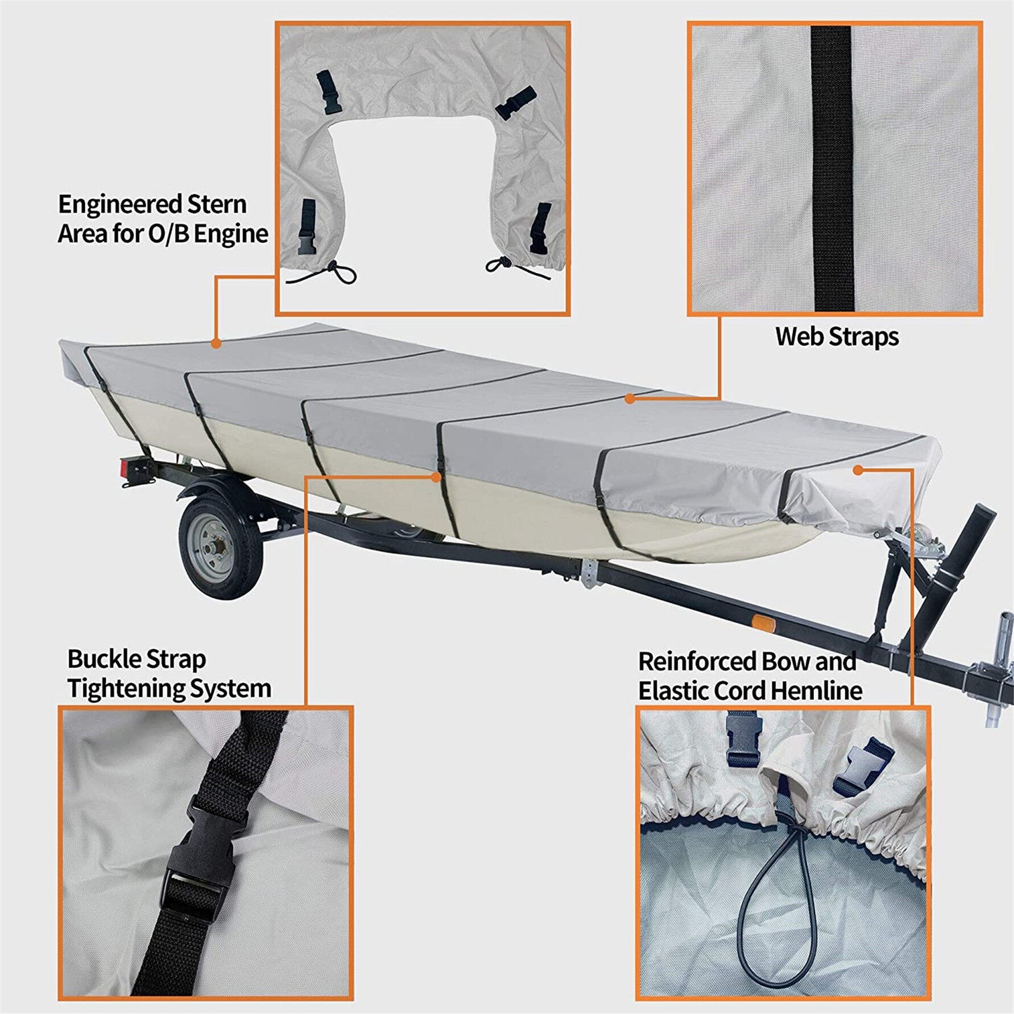 ALL-CARB Waterproof Heavy Duty Trailerable Jon Boat Cover Replacement for Jon Boat 12ft-18ft Long and Beam Width up to 75inch