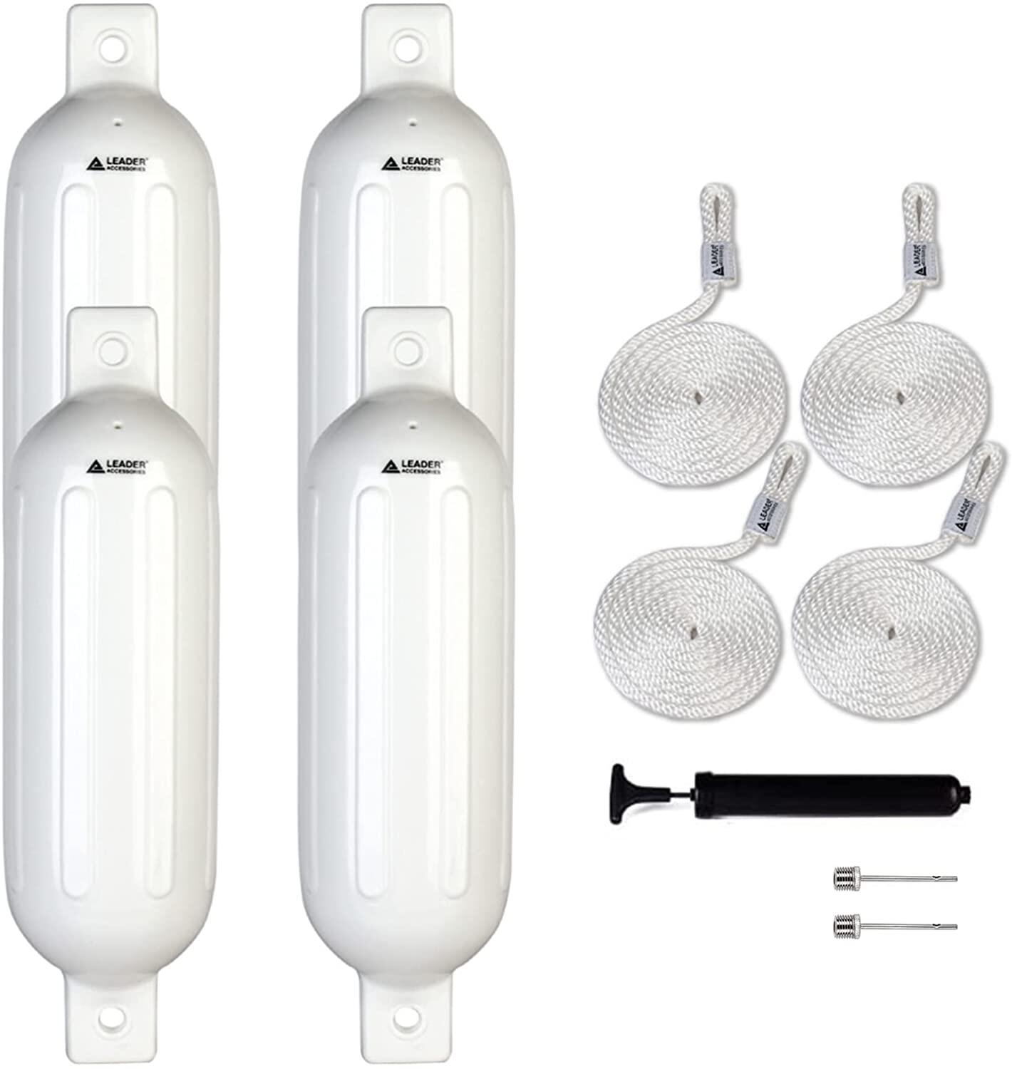 ALL-CARB 6.5x23 Inch Vinyl Ribbed Marine Boat 4 Pack White Boat Fenders with Fender Lines