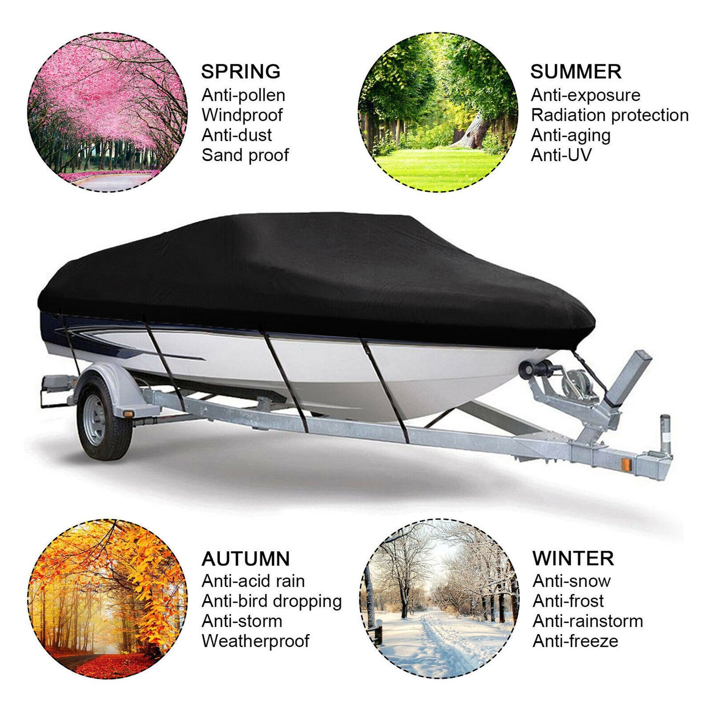 17-19FT Heavy Duty 210D Boat Cover Trailerable Boat Cover Replacement for V-Hull Tri-Hull Runabout Boat Cover Black 95" Width