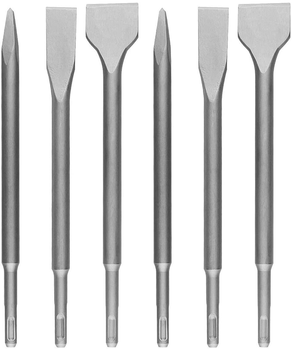 ALL-CARB SDS Plus Chisel Set, 6-Piece 40Cr Steel Concrete Drill Bit Set, Rotary Hammer Bits Chisel Set Including Point Chisel, 20mm Flat Chisel, 40mm Flat Chisel