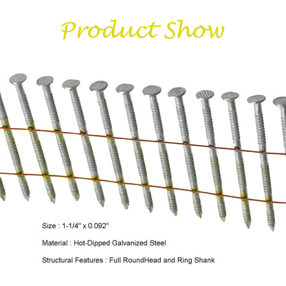 ALL-CARB 1-1/4-Inch x .092-Inch Siding Nails 15-Degree Collated Wire Coil Full RoundHead Ring Shank Hot-Dipped Galvanized 3600 Count for Rough Nailing of Lathing and Sheathing Materials