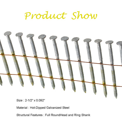 ALL-CARB 2-1/2-Inch x .092-Inch Siding Nails 15-Degree Collated Wire Coil Full RoundHead Ring Shank Hot-Dipped Galvanized 3600 Count for Rough Nailing of Lathing and Sheathing Materials