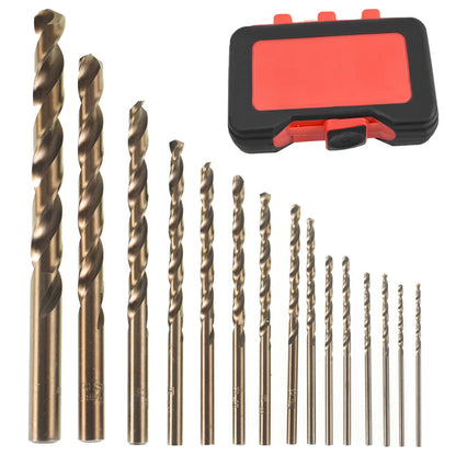 15Pcs Cobalt Drill Bit Set M35 High Speed Steel Twist Jobber Length Fit for Metal, Stainless Steel, Cast Lron, Woodworking, with Plastic Storage Case