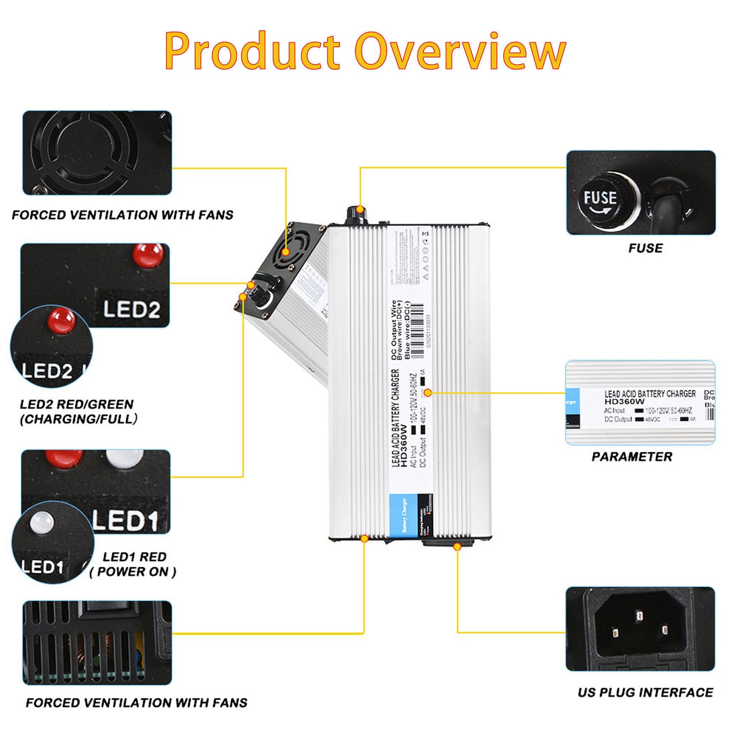 ALL-CARB 48V 6A Battery Charger with 3-Pin Plug Replacement for Yamaha 2007-Up