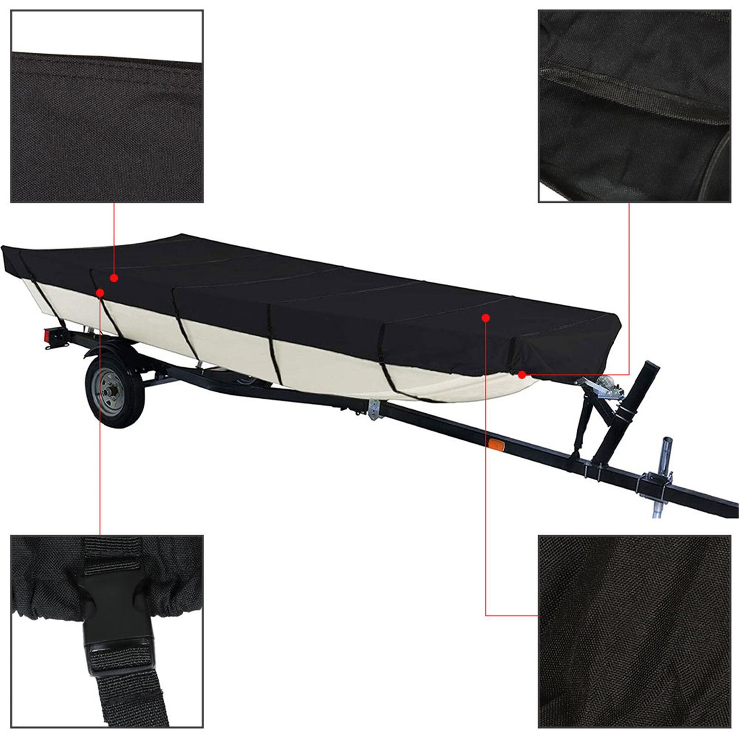 ALL-CARB 600D Water Proof Heavy Duty Trailerable Boat Cover Replacement for Jon Boat 14ft length Beam Width to 70inches Black