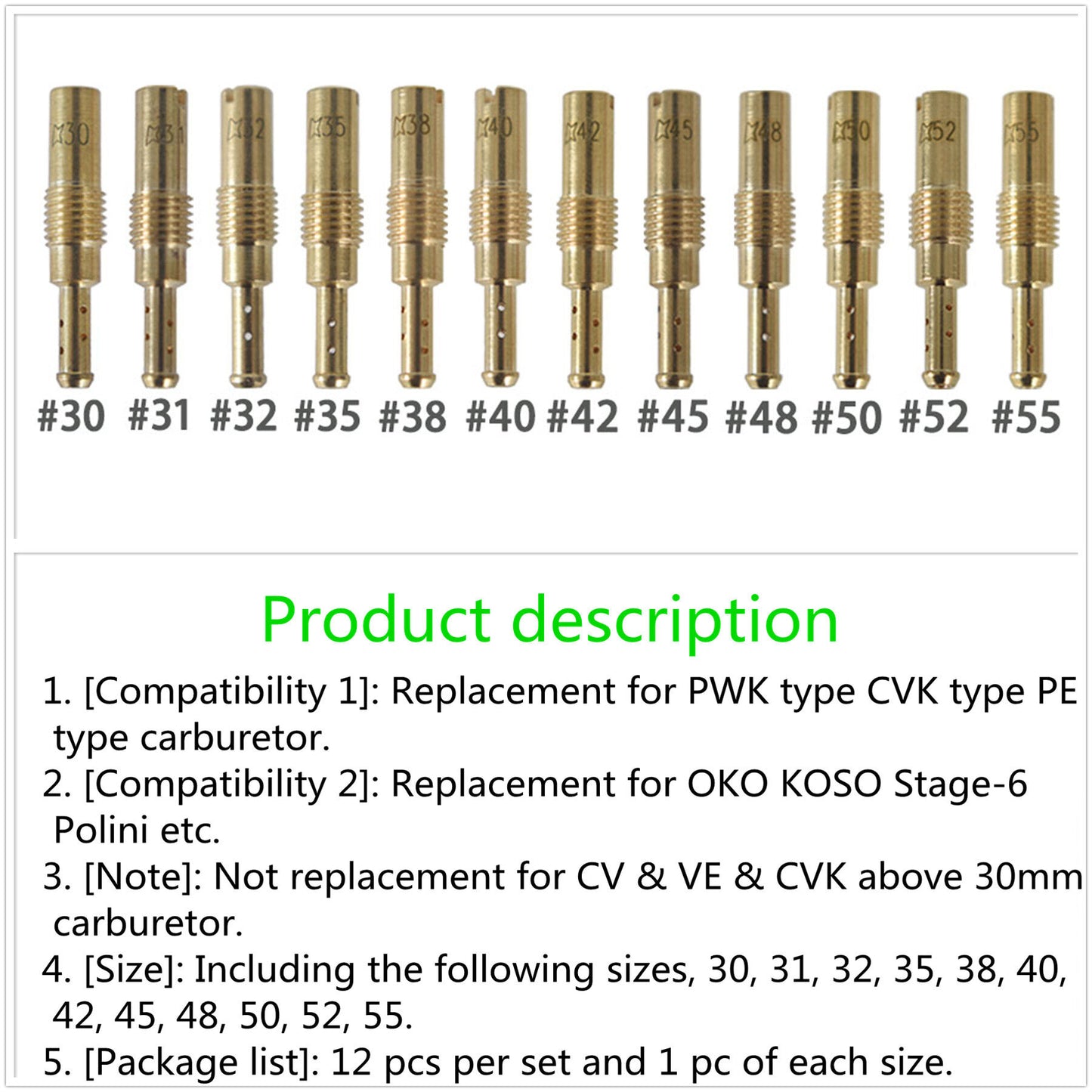 12pcs Slow/Pilot Jet 30 31 32 35 38 40 42 45 48 50 52 55 Replacement for OKO CVK