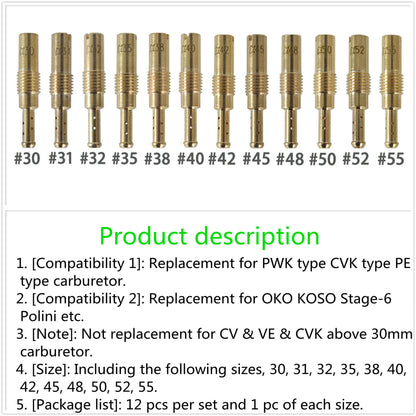 12pcs Slow/Pilot Jet 30 31 32 35 38 40 42 45 48 50 52 55 Replacement for OKO CVK