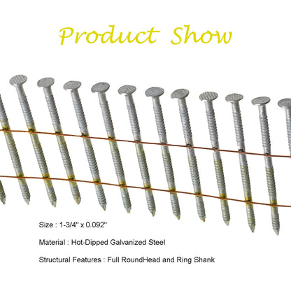 ALL-CARB 1-3/4-Inch x .092-Inch Siding Nails 15-Degree Collated Wire Coil Full RoundHead Ring Shank Hot-Dipped Galvanized 3600 Count for Rough Nailing of Lathing and Sheathing Materials