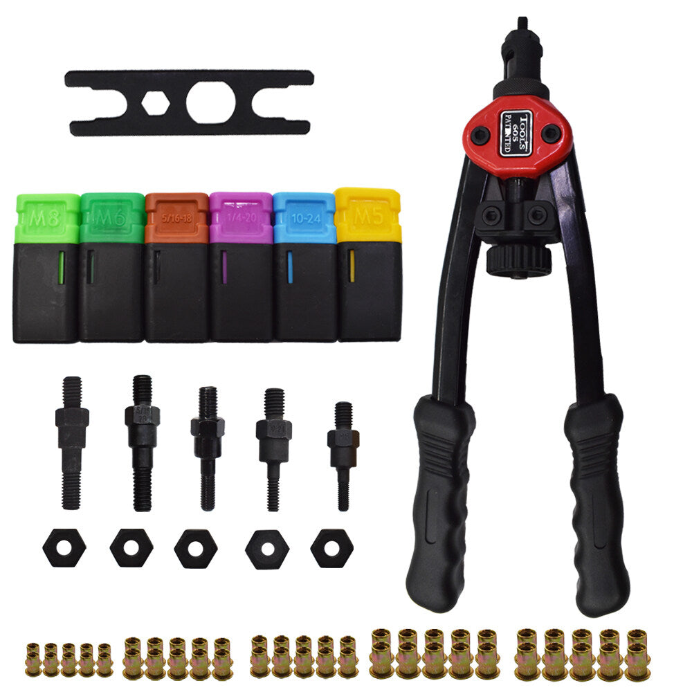 13" Rivet Nut Tool Kit Hand Blind Riveter with 60 Pcs Mandrels M5 M6 M8 10-24 1/4-20 5/16-18 Rivet Nut Gun Riveting Tools with Metric & SAE Nose Pieces