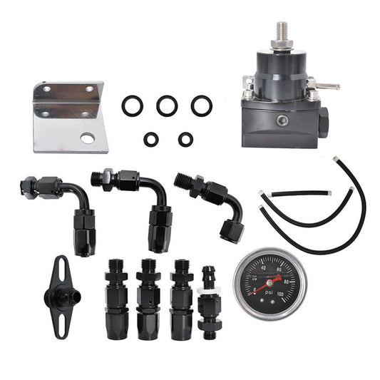 ALL-CARB 0-100 Psi Black Universal Fuel Pressure Regulator Kit with Gauge and AN-6 Fuel Line Hose