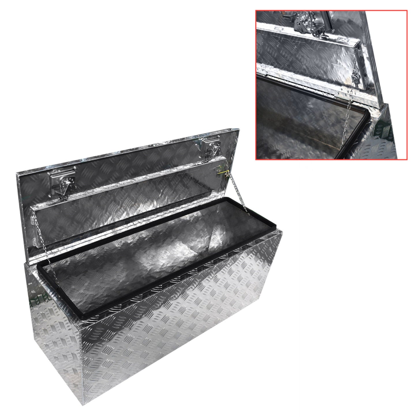 ALL-CARB 42 Inch Trailer Tongue Tool Box Aluminum Heavy Duty Truck Pickup Underbody Underbed Storage Organizer 5 Bar Tread Tool Box Weather Resistant Seal w/Lock & Keys Siver