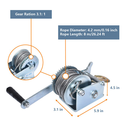 ALL-CARB 600Lbs Hand Winch Heavy Duty Steel Cable Crank Gear Winch with 8m Steel Wire