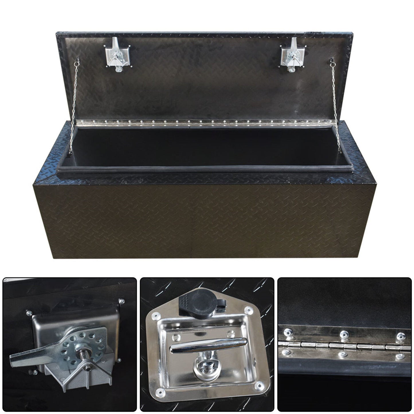 ALL-CARB 48 Inch Trailer Tongue Tool Box Aluminum Heavy Duty Truck Pickup Underbody Underbed Storage Organizer 5 Bar Tread Tool Box Weather Resistant Seal w/Lock & Keys Black