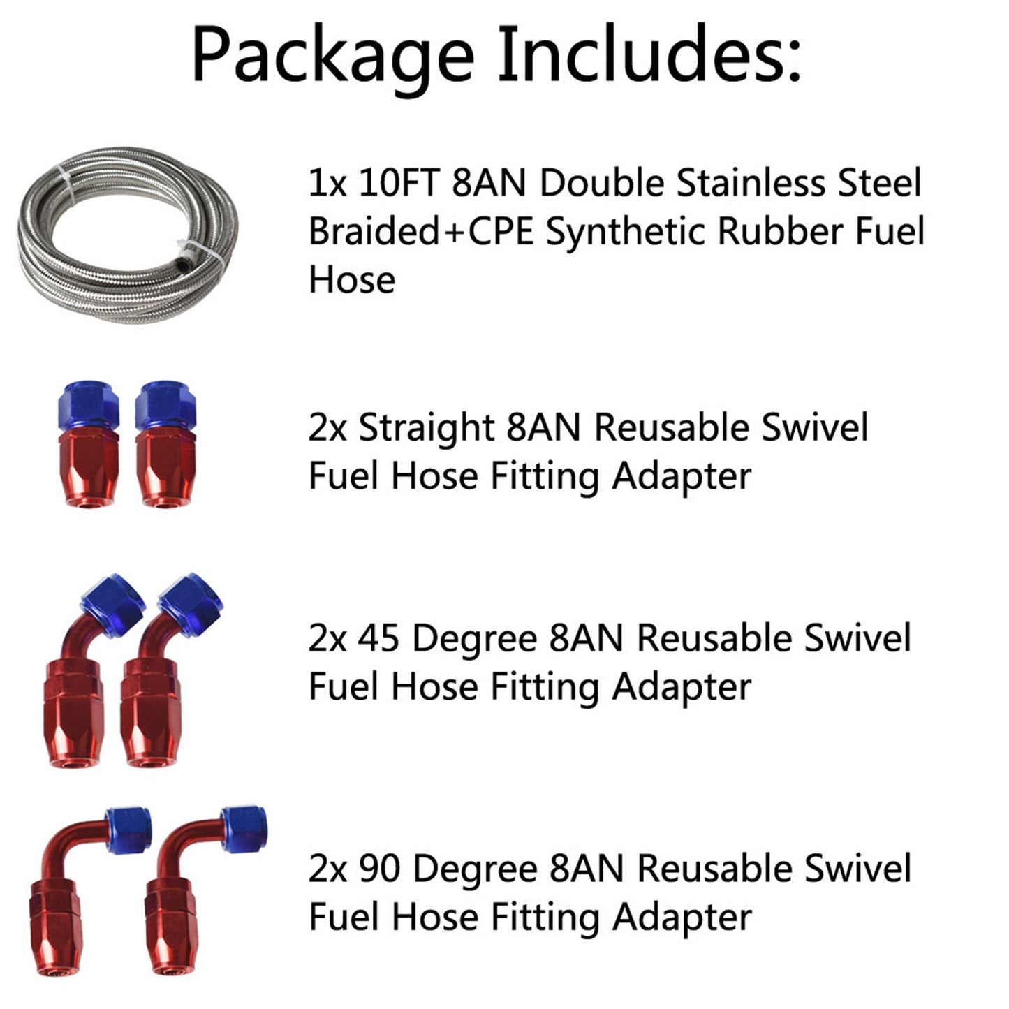 ALL-CARB Blue-red Stainless Steel Braided Fuel Line 8AN 10FT with 6PCS Swivel Fuel Hose Fitting Adapter Kit