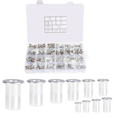 ALL-CARB 300 Pcs Rivet Nuts Kit Aluminum Flat Head Threaded Rivetnut Insert Rivet Nuts Assortment Kit 150pcs Metric 150pcs SAE M3 M4 M5 M6 M8 6-32 8-32 10-24 10-32 1/4-20