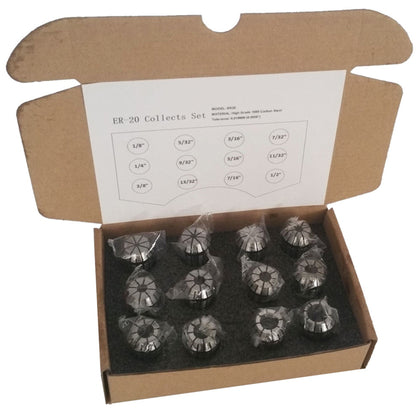 ALL-CARB 12Pcs ER20 Spring Collet Set 1/8 - 1/2 Inch for CNC Milling Lathe Tool and Engraving Machine Carbon Steel