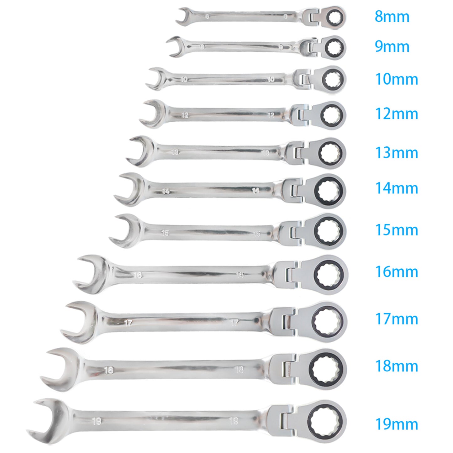 ALL-CARB 12Pcs 8-19mm Ratcheting Wrench Set Metric Flexible Pivoting Head Ratchet Combination Spanner Tool Set