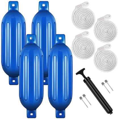 ALL-CARB Boat Fenders 4 Pack Blue Vinyl Ribbed Marine Boat 6.5x23 Inch with Fender Lines