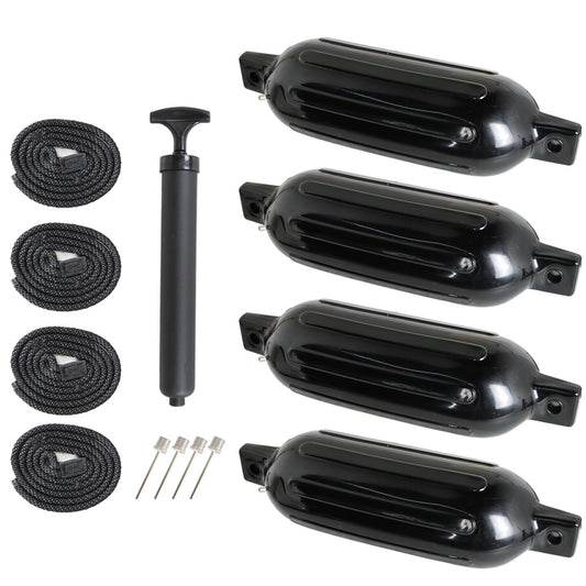 ALL-CARB 8.5 x 27 Inches Boat Fenders Vinyl Ribbed Marine Boat with Fender Lines & Pump to Inflate