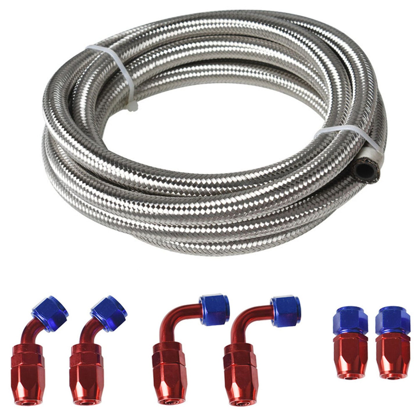 ALL-CARB Blue-red Stainless Steel Braided Fuel Line 8AN 10FT with 6PCS Swivel Fuel Hose Fitting Adapter Kit