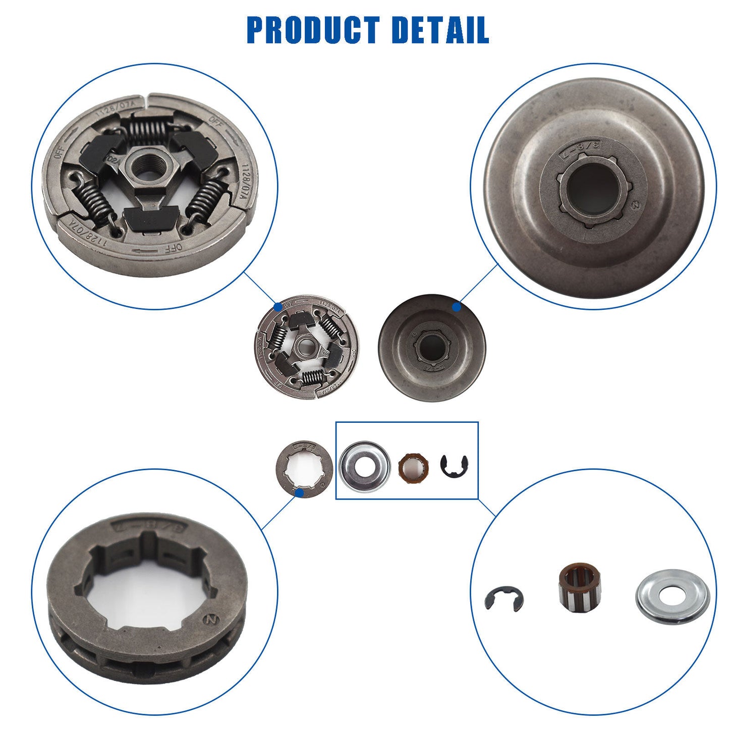 ALL-CARB 3/8 -7T Spur Clutch Drum Sprocket Bearing Kit with Needle Bearing Clutch Washer E-Clip Replacement for Stihl 036 MS360 Chainsaw