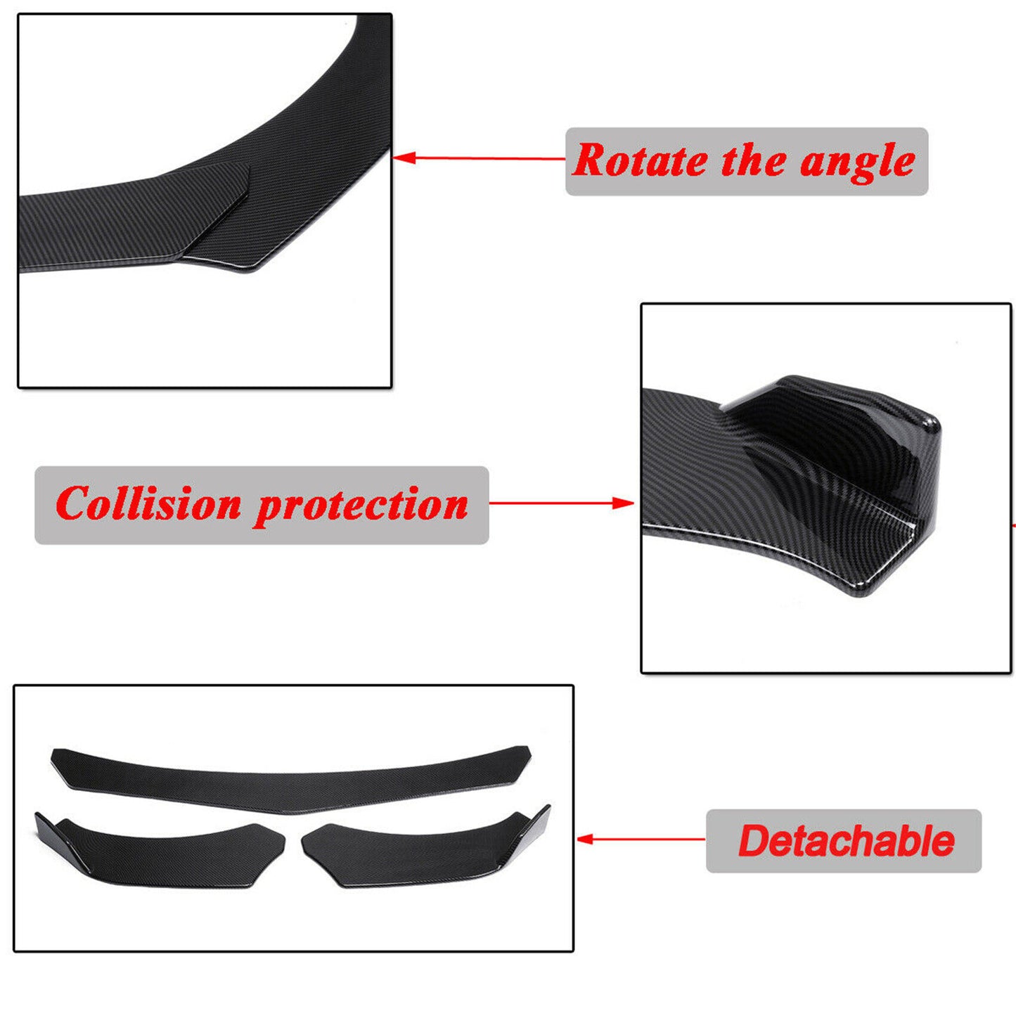 ALL-CARB Universal Black Carbon Fiber Look Front Bumper Lip Diffuser Splitter Spoiler 3 Pieces Body Kit
