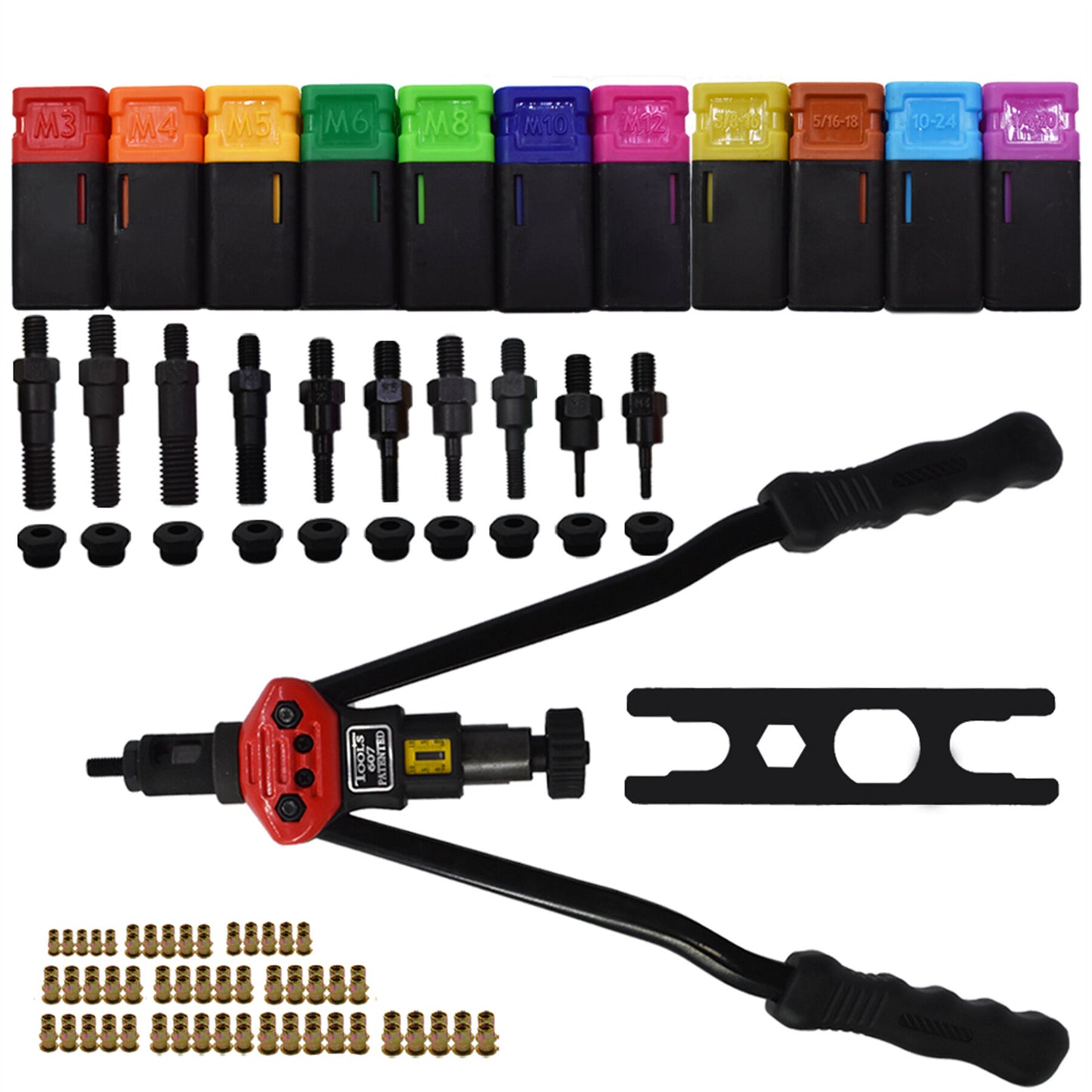 ALL-CARB 16 Rivet Nut Tool Hand Blind Riveter Professional Rivet Nut Setter Kit with 11PCS Metric and Mandrels (M3 M4 M5 M6 M8 M10 Metric 12 10-24 1/4-20 5/16-18 3/8-16) 110Pcs Assorted Rivet Nuts