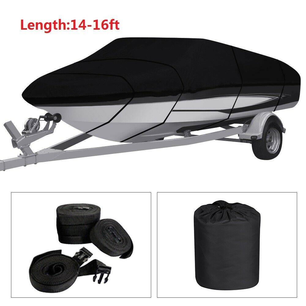 ALL-CARB 210D 14-16ft Oxford Fabric Heavy Duty Boat Cover Trailerable Replacement for Fishing Ski Bass V-Hull Runabouts Black