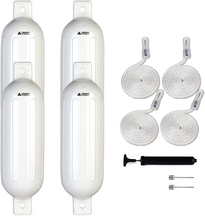 ALL-CARB 6.5x23 Inch Vinyl Ribbed Marine Boat 4 Pack White Boat Fenders with Fender Lines