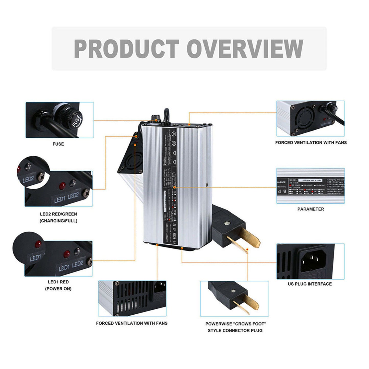 ALL-CARB 36V 5A Battery Charger Crows Foot Plug Replacement for Yamaha EZGO DS TXT Club Car Golf Cart