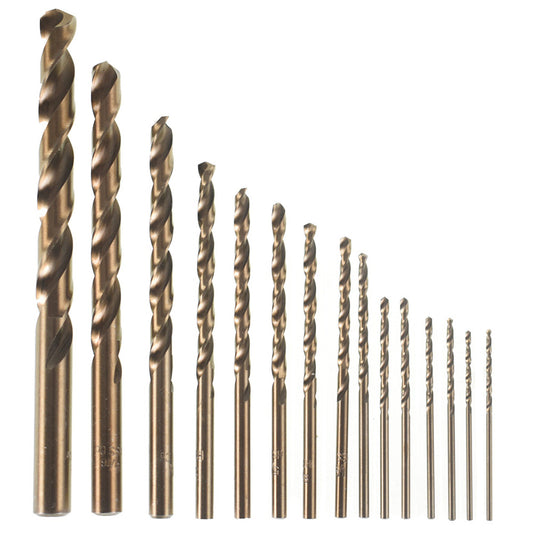 15Pcs Cobalt Drill Bit Set M35 High Speed Steel Twist Jobber Length Fit for Metal, Stainless Steel, Cast Lron, Woodworking, with Plastic Storage Case