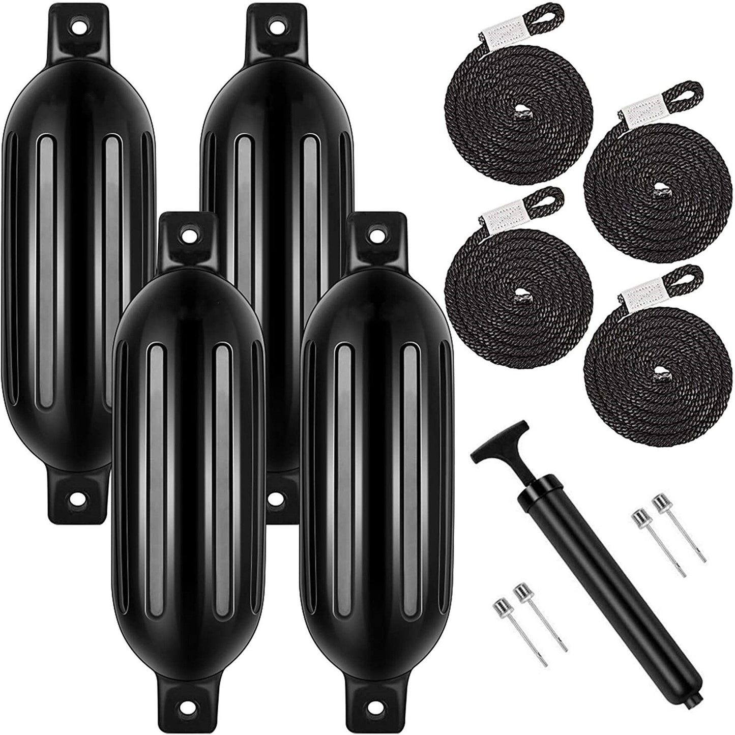 ALL-CARB 4Pcs Black Boat Fenders 6.5 by 23 Inches Vinyl Ribbed Marine Boat Bumpers