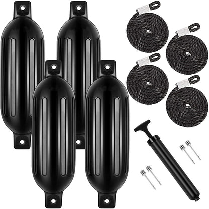ALL-CARB 4Pcs Black Boat Fenders 6.5 by 23 Inches Vinyl Ribbed Marine Boat Bumpers