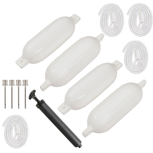 ALL-CARB 6.5x23 Inch Vinyl Ribbed Marine Boat 4 Pack White Boat Fenders with Fender Lines