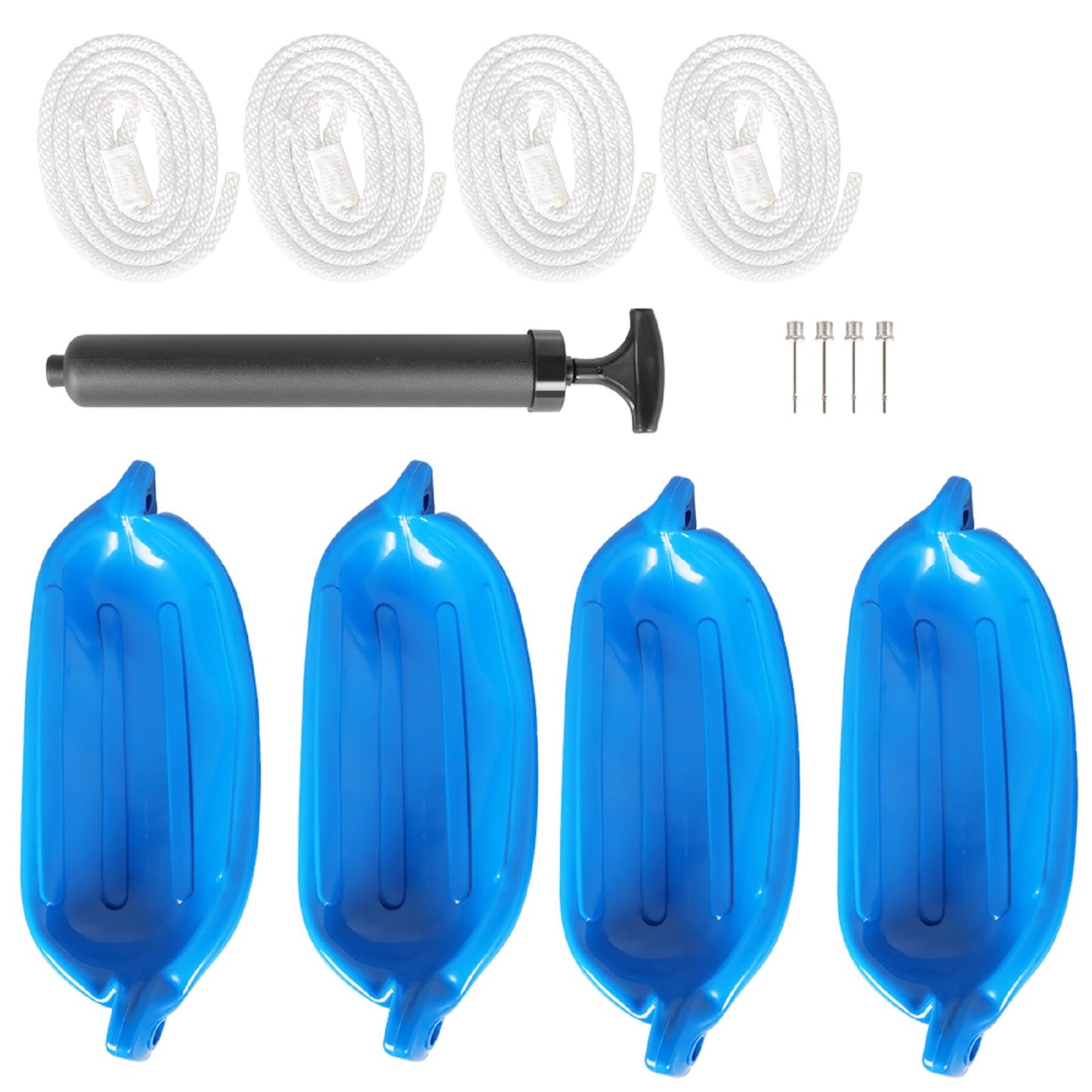 ALL-CARB Boat Fenders 4 Pack Blue Vinyl Ribbed Marine Boat 6.5x23 Inch with Fender Lines