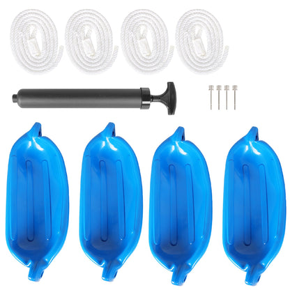 ALL-CARB Boat Fenders 4 Pack Blue Vinyl Ribbed Marine Boat 6.5x23 Inch with Fender Lines